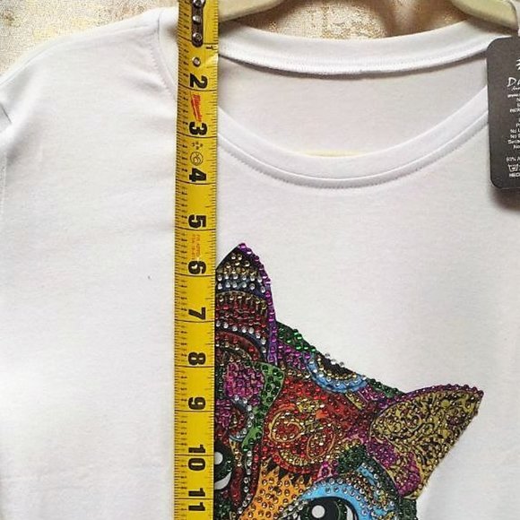CAT LOVER Rhinestone XL, Bling Tee, Exclusive. Handmade. WHITE - Picture 4 of 7